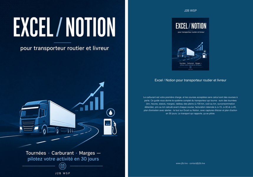 Excel / Notion pour transporteur routier et livreur — Tournées, carburant, marges : pilotez votre activité en 30 jours