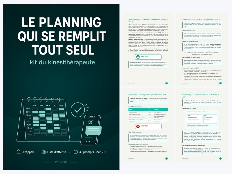 Kit « Planning toujours plein » — 30 prompts ChatGPT testés + guide du kinésithérapeute (KIT-002)