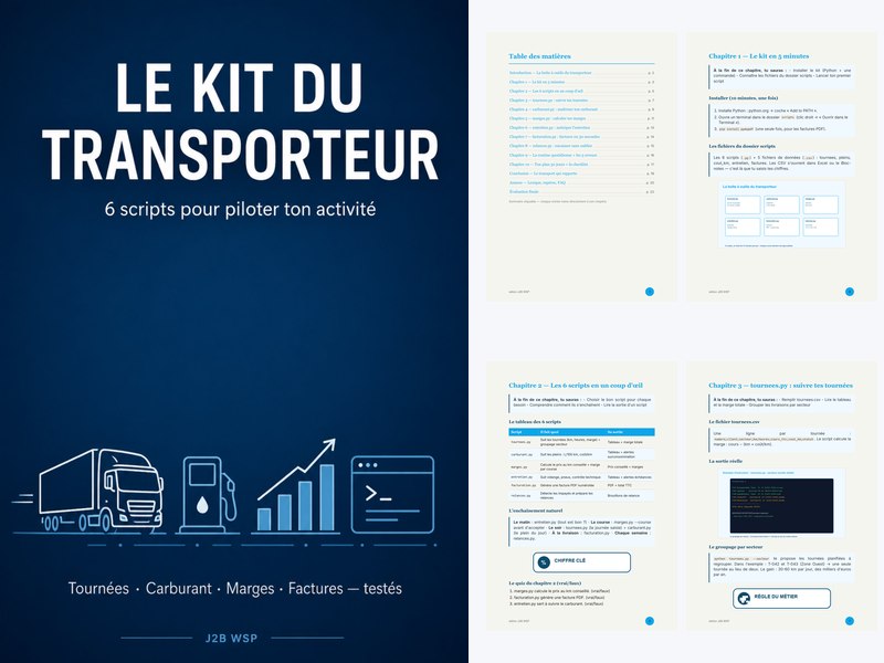 Kit transporteur « Pilote ton activité » — 6 scripts Python testés + guide (KIT-003)