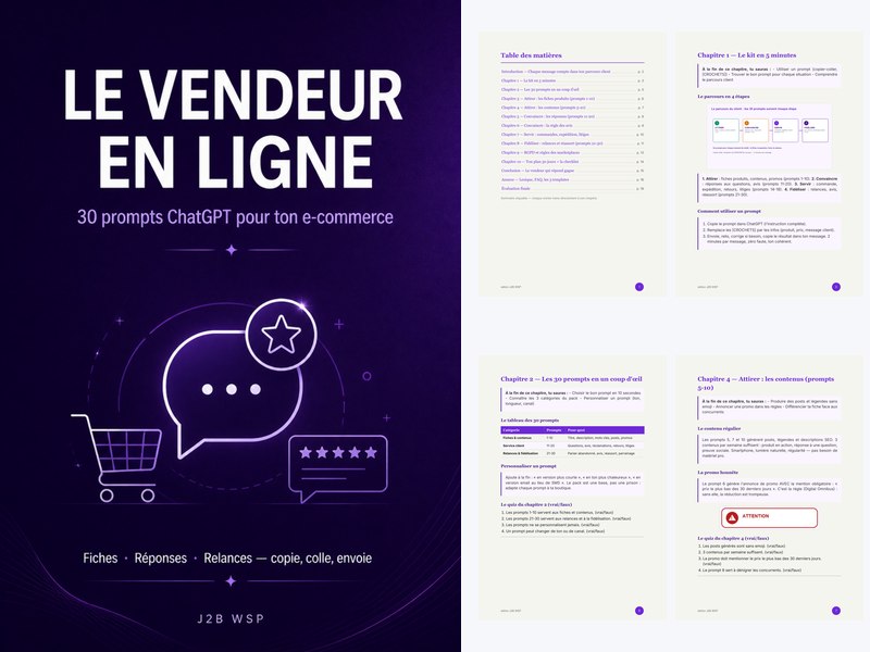 Kit « Le vendeur en ligne » — 30 prompts ChatGPT testés + guide pour e-commerçant TPE (KIT-004)