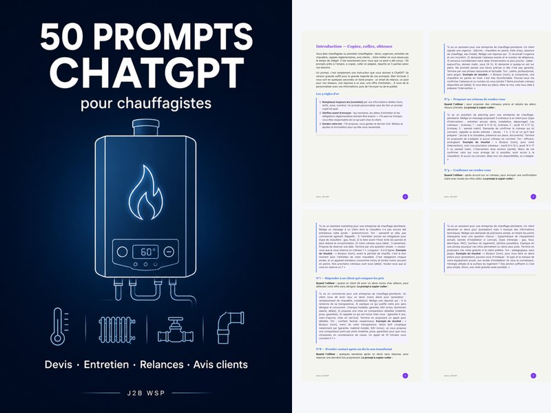 50 prompts ChatGPT pour chauffagistes — Copiez, collez, obtenez : devis, entretien, relances, avis clients