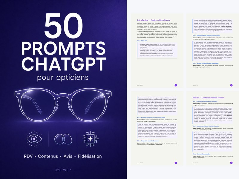 50 prompts ChatGPT pour opticiens — Copiez, collez, obtenez : RDV, contenus, avis, fidélisation