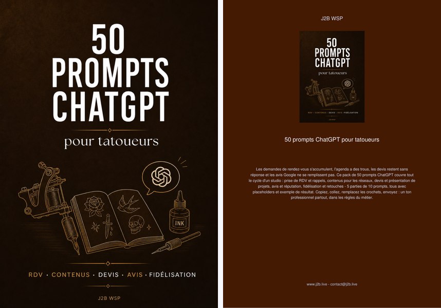 50 prompts ChatGPT pour tatoueurs — Copiez, collez, obtenez : RDV, contenus, devis, avis, fidélisation